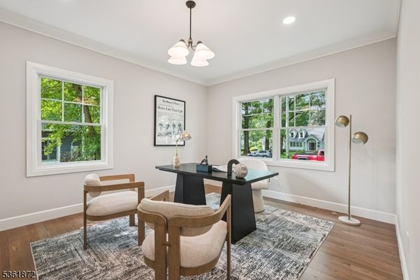Chandelier, Home Office, Interior, Pendant Lights, Recessed Lighting, Wood Texture Flooring