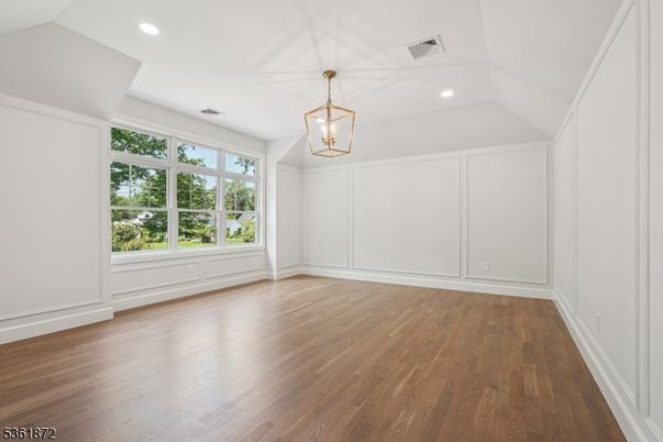 Empty room, Interior, Pendant Lights, Recessed Lighting, Wood Texture Flooring