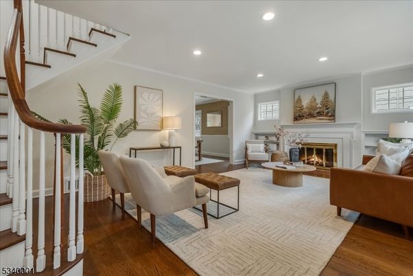 Fireplace, Interior, Living room, Recessed Lighting, Wood Texture Flooring