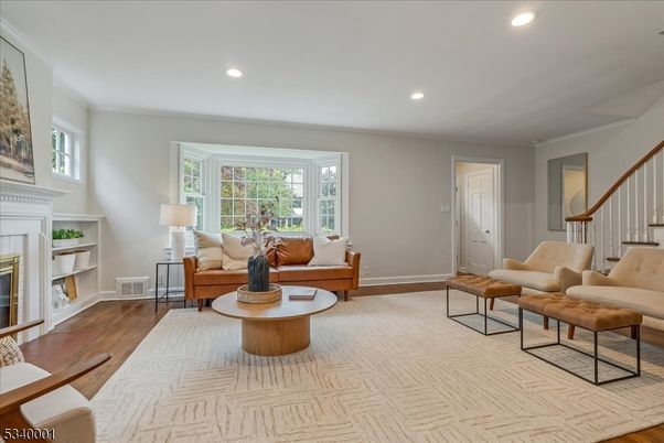 Fireplace, Interior, Living room, Recessed Lighting, Wood Texture Flooring