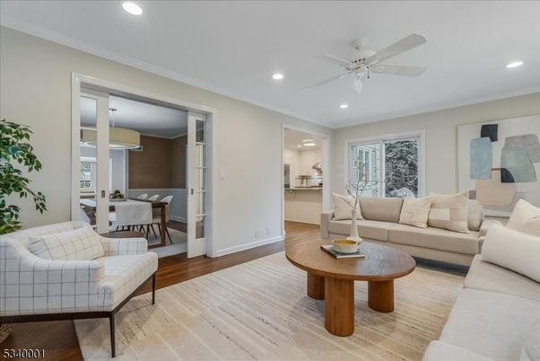 Dining room, Interior, Living room, Recessed Lighting, Wood Texture Flooring