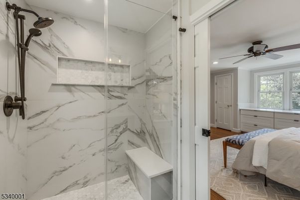 Bathroom, Glass Shower, Interior, Marble Walls, Recessed Lighting, Wood Texture Flooring