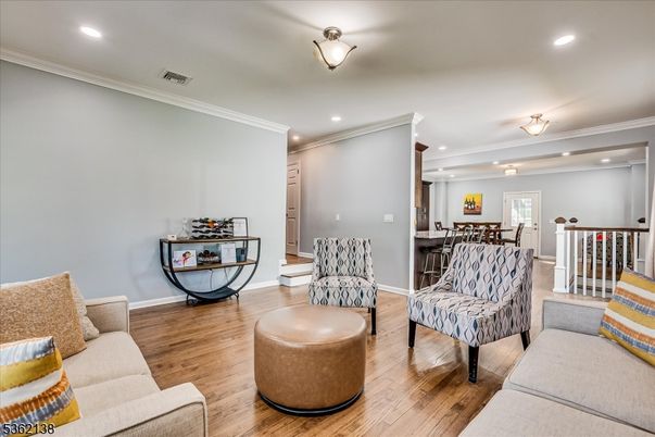 Dining room, Interior, Living room, Recessed Lighting, Wood Texture Flooring
