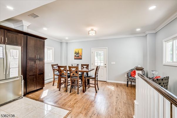 Dining room, Interior, Recessed Lighting, Wood Texture Flooring