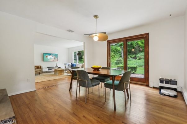 Dining room, Interior, Pendant Lights, Wood Texture Flooring