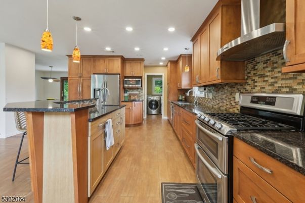 Interior, Kitchen, Pendant Lights, Recessed Lighting, Stainless Steel Appliances, Washer, Wood Texture Flooring