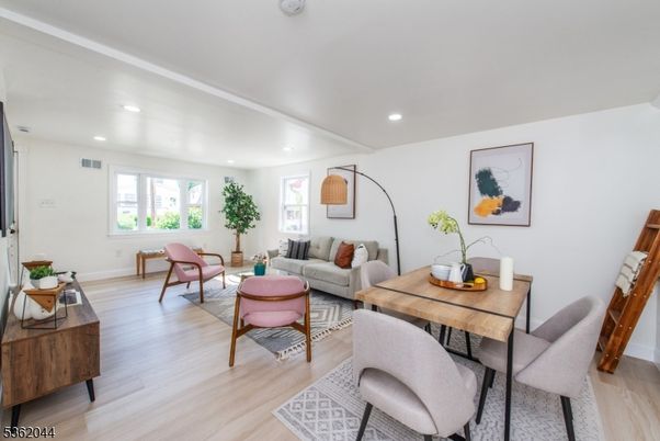 Dining room, Interior, Living room, Recessed Lighting, Wood Texture Flooring