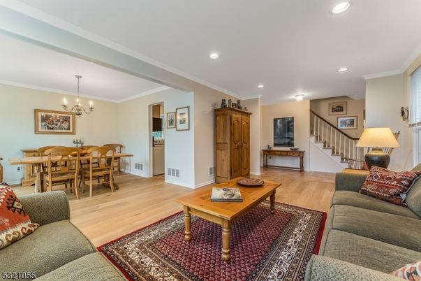 Chandelier, Dining room, Interior, Living room, Recessed Lighting, Wood Texture Flooring