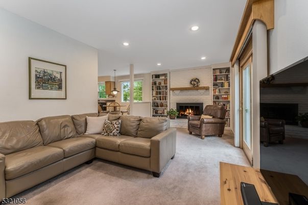 Dining room, Fireplace, Interior, Living room, Pendant Lights, Recessed Lighting, Stone Walls