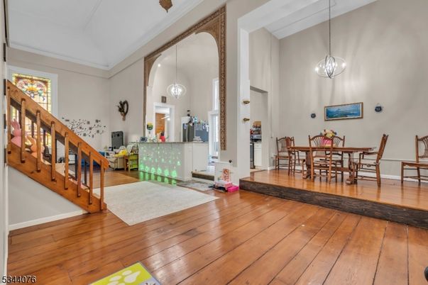 Chandelier, Dining room, Interior, Pendant Lights, Wood Texture Flooring