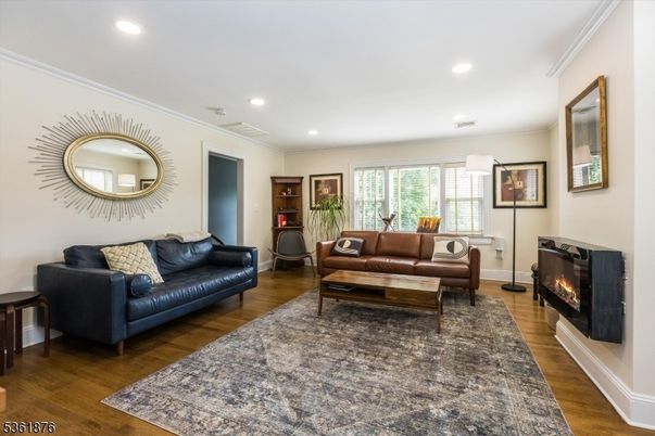 Fireplace, Interior, Living room, Recessed Lighting, Wood Texture Flooring