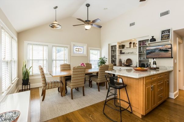 Dining room, Interior, Pendant Lights, Wood Texture Flooring