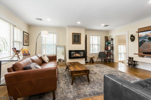 Fireplace, Interior, Living room, Recessed Lighting, Wood Texture Flooring
