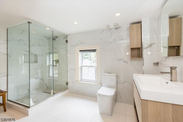 Bathroom, Glass Shower, Interior, Marble Walls, Recessed Lighting