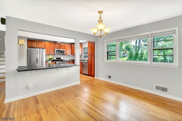 Chandelier, Interior, Kitchen, Stainless Steel Appliances, Wood Texture Flooring