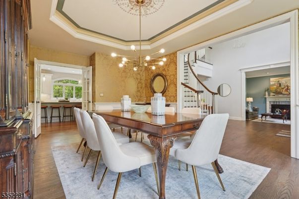Dining room, Fireplace, Interior, Pendant Lights, Recessed Lighting, Wood Texture Flooring