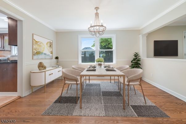 Chandelier, Dining room, Interior, Wood Texture Flooring