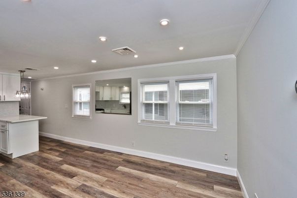 Empty room, Interior, Kitchen, Pendant Lights, Recessed Lighting, Wood Texture Flooring