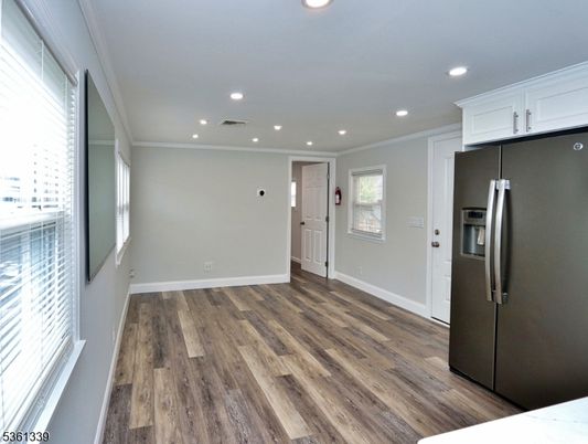 Empty room, Interior, Kitchen, Recessed Lighting, Wood Texture Flooring