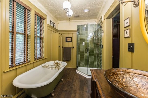 Bathroom, Free Standing Baths, Glass Shower, Interior, Pendant Lights, Recessed Lighting, Wood Texture Flooring