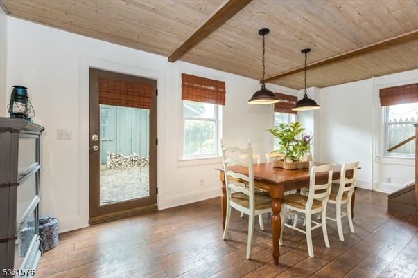 Dining room, Interior, Pendant Lights, Wooden Beams, Wooden Ceilings, Wood Texture Flooring