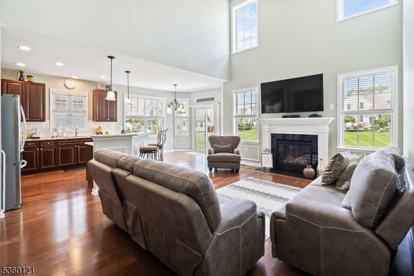 Fireplace, Interior, Kitchen, Living room, Pendant Lights, Recessed Lighting, Wood Texture Flooring