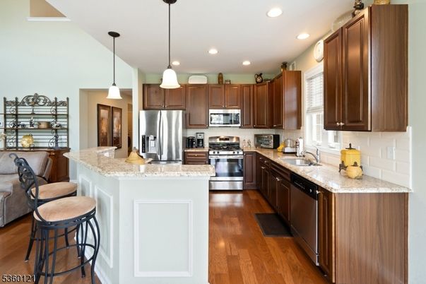Interior, Kitchen, Pendant Lights, Recessed Lighting, Stainless Steel Appliances, Wood Texture Flooring