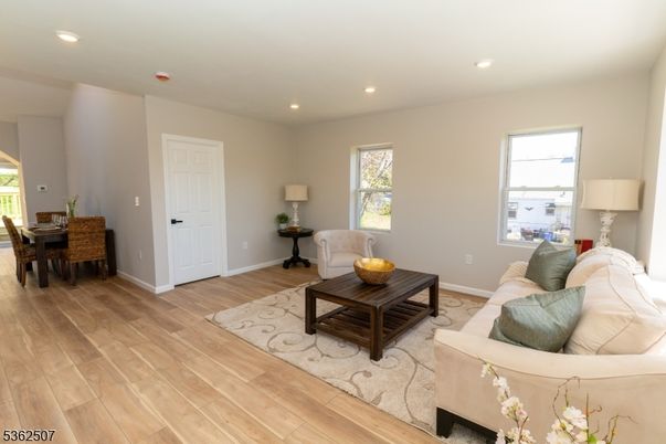 Dining room, Interior, Living room, Recessed Lighting, Wood Texture Flooring