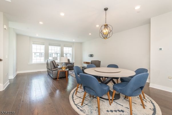 Dining room, Interior, Living room, Pendant Lights, Recessed Lighting, Wood Texture Flooring