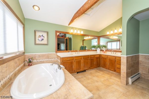 Bathroom, Dual Sink Vanities, Interior, Recessed Lighting, Wooden Beams