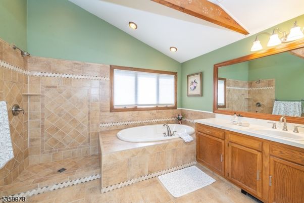 Bathroom, Dual Sink Vanities, Interior, Recessed Lighting, Wooden Beams
