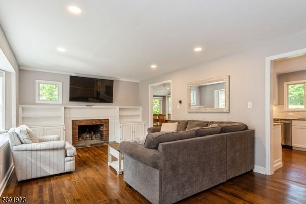 Fireplace, Interior, Living room, Recessed Lighting, Wood Texture Flooring