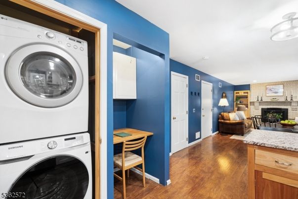 Fireplace, Interior, Utility Closets, Washer, Wood Texture Flooring