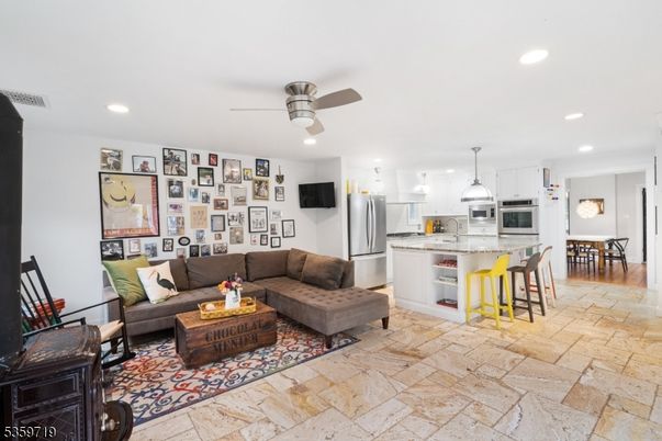Dining room, Interior, Kitchen, Living room, Pendant Lights, Recessed Lighting, Stainless Steel Appliances