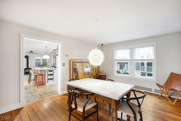 Dining room, Interior, Kitchen, Pendant Lights, Wood Texture Flooring