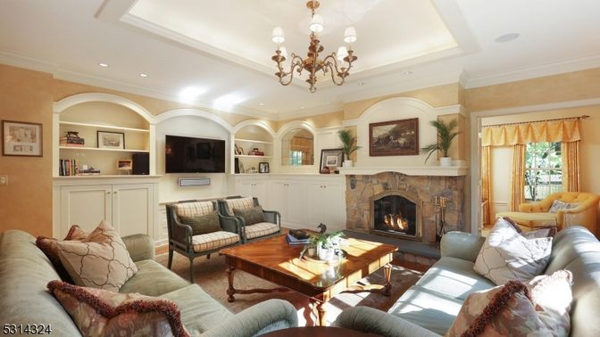 Chandelier, Fireplace, Interior, Living room, Recessed Lighting