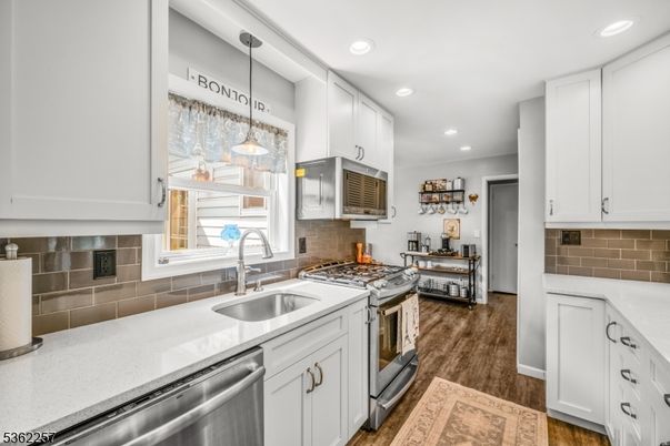 Interior, Kitchen, Pendant Lights, Recessed Lighting, Stainless Steel Appliances, Wood Texture Flooring