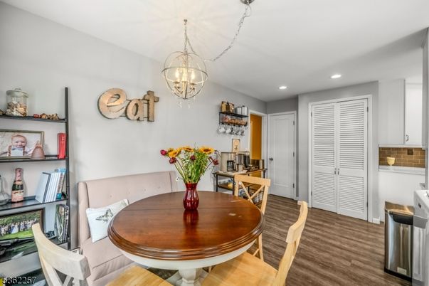 Chandelier, Dining room, Interior, Recessed Lighting, Wood Texture Flooring
