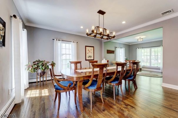 Chandelier, Dining room, Interior, Recessed Lighting, Wood Texture Flooring