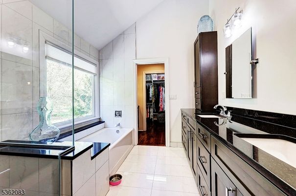 Bathroom, Dual Sink Vanities, Glass Shower, Interior, Wood Texture Flooring