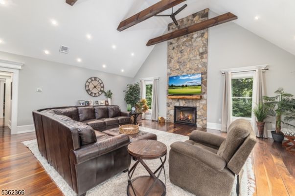 Fireplace, Interior, Living room, Recessed Lighting, Stone Walls, Wooden Beams, Wood Texture Flooring