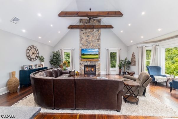 Fireplace, Interior, Living room, Recessed Lighting, Stone Walls, Wooden Beams, Wood Texture Flooring