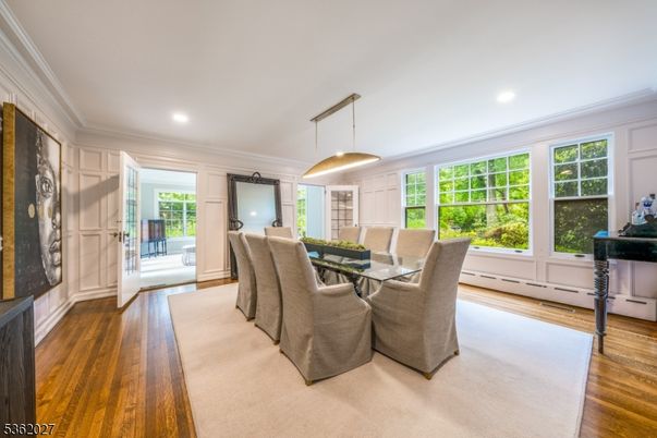 Dining room, Interior, Pendant Lights, Recessed Lighting, Wood Texture Flooring