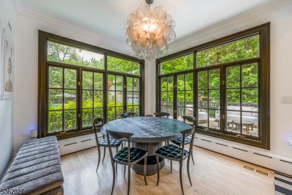 Chandelier, Dining room, Interior, Sun Room, Wood Texture Flooring