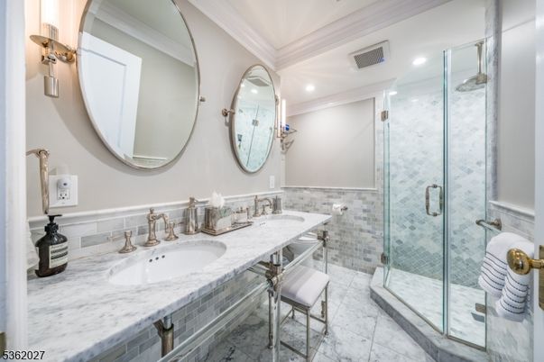 Bathroom, Dual Sink Vanities, Glass Shower, Interior, Marble, Recessed Lighting