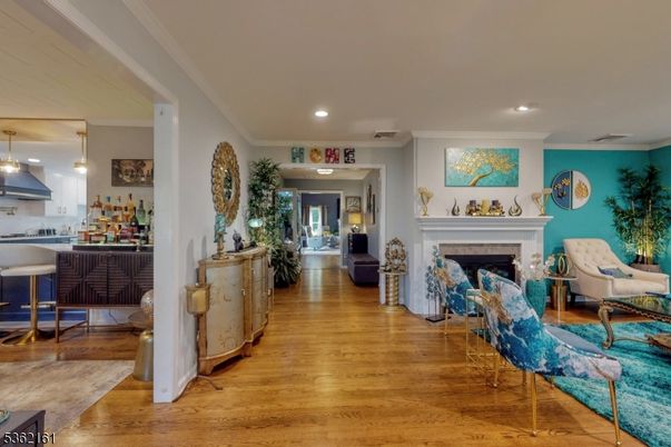 Fireplace, Interior, Pendant Lights, Recessed Lighting, Wood Texture Flooring