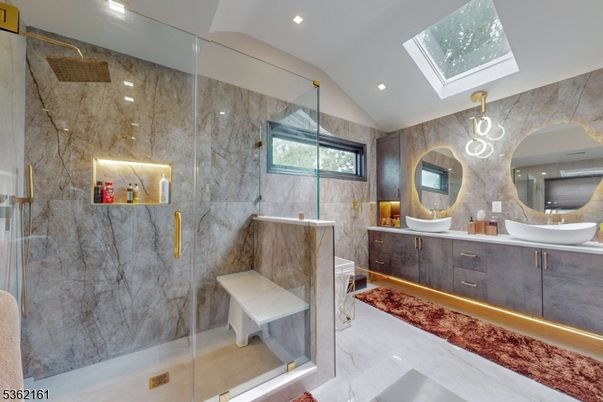 Bathroom, Glass Shower, Interior, Marble Walls, Pendant Lights, Recessed Lighting