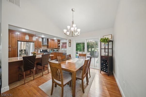 Chandelier, Dining room, Interior, Kitchen, Pendant Lights, Stainless Steel Appliances, Wood Texture Flooring