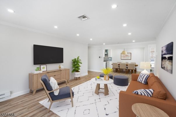Dining room, Interior, Living room, Pendant Lights, Recessed Lighting, Wood Texture Flooring