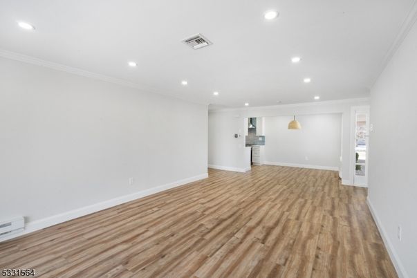 Empty room, Interior, Pendant Lights, Recessed Lighting, Wood Texture Flooring